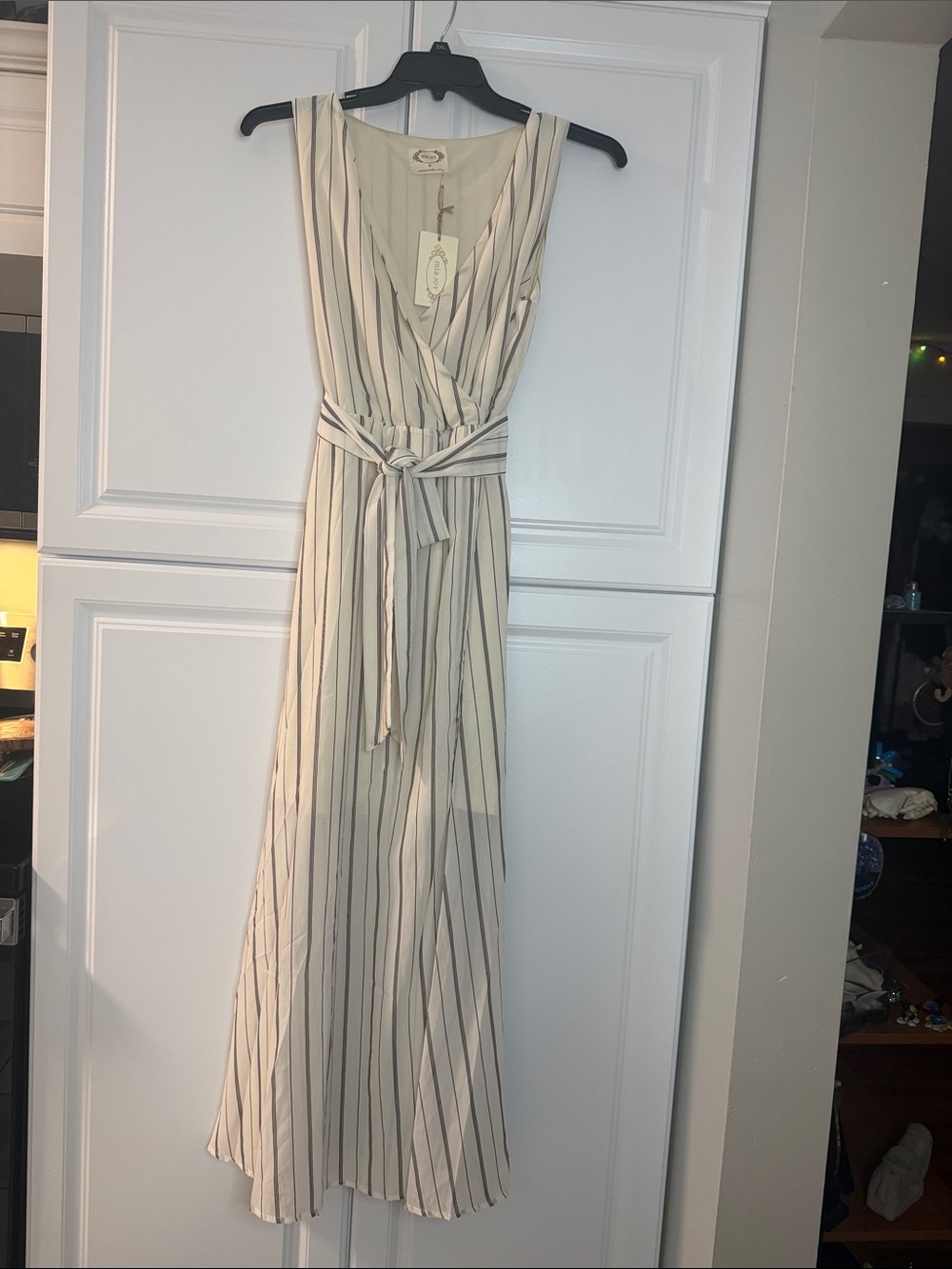 Joyfolie Cream and Black Striped Sleeveless Wrap Maxi Dress